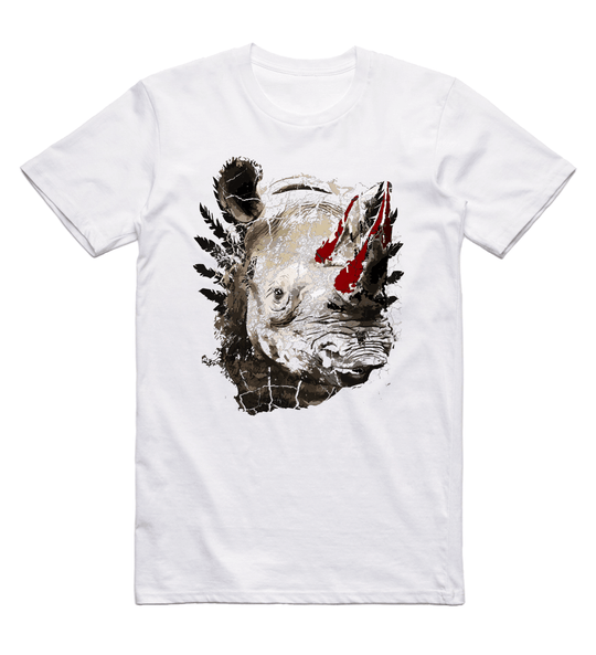White t-shirt with a graphic of a rhino's head on a white background