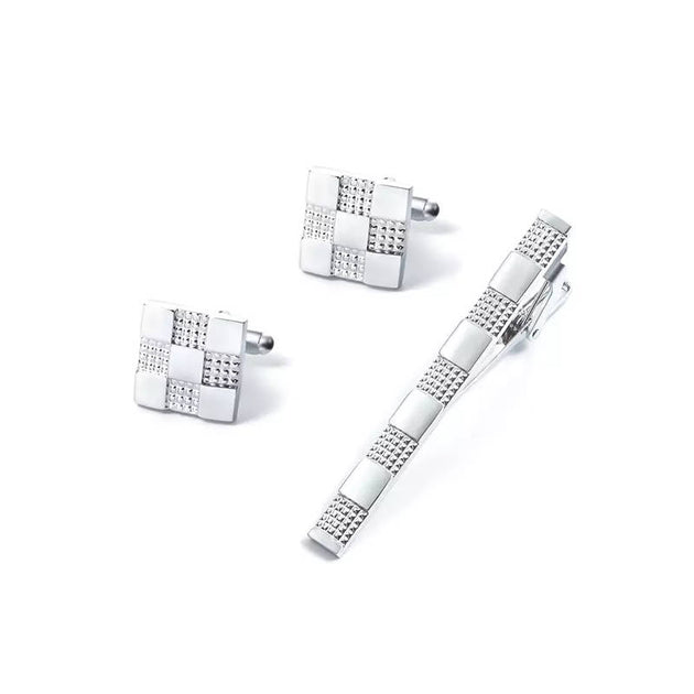 Geometric Cufflinks & Tie Clip Set (Silver)