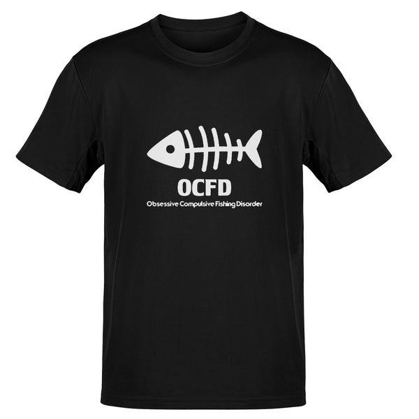 Black t-shirt with white fishbone design and 'OCFD' text on a white background